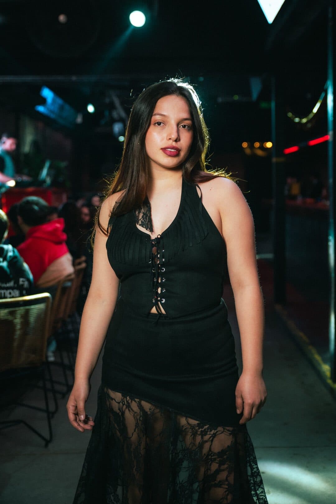 Santa Mardía — Vestido negro con flecos, cordón de ojales y falda de encaje