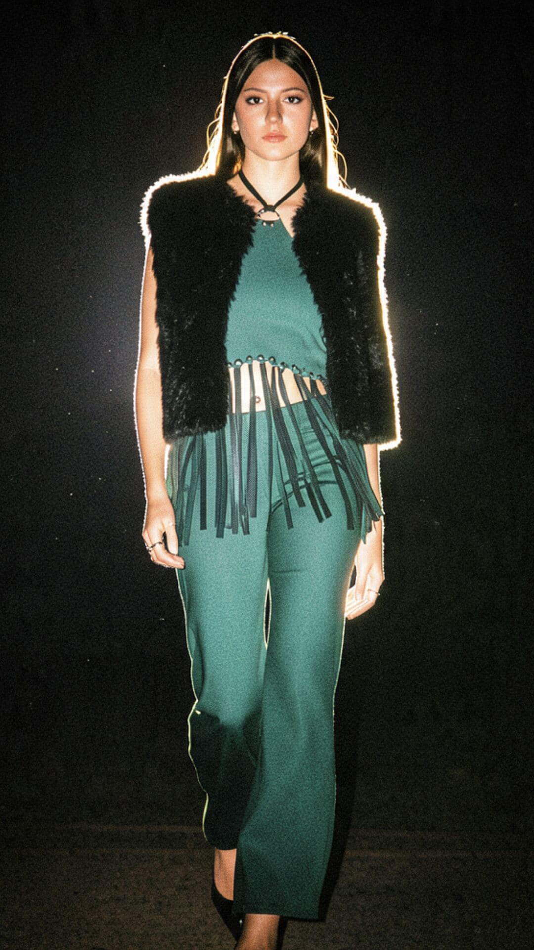 Santa Mardía — Conjunto verde con flecos y chaleco de piel negro